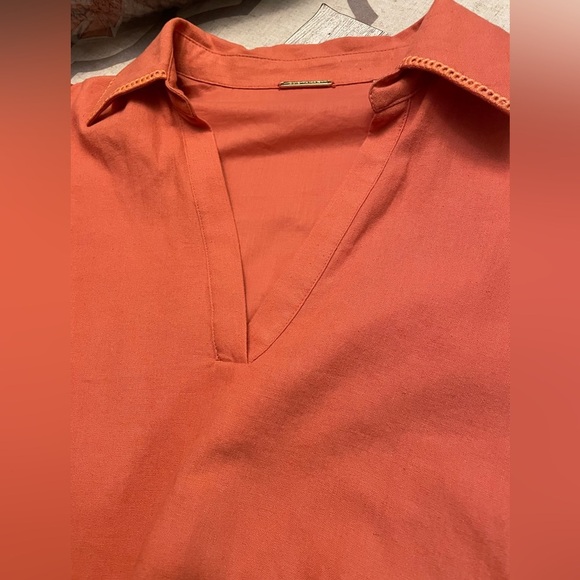 NWOT Elie Tahari Linen Blend Johnny Collar
Eyelet Trim Dress Sunrise Orange Sz M - Picture 8 of 11